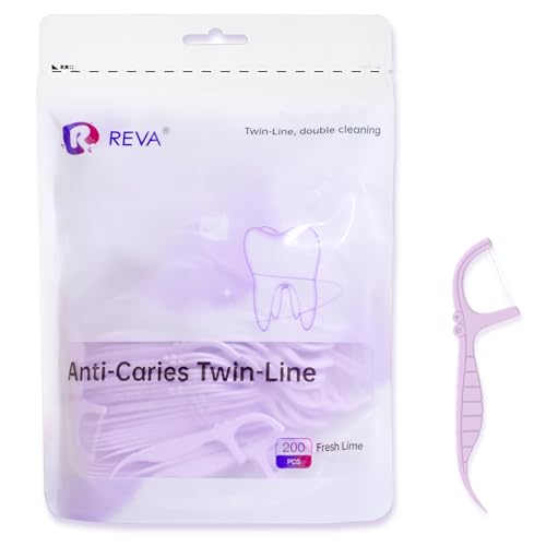 Reva Anti-Caries Twin-Line Dental Floss Picks - 200 Count (Pack of 1), Fresh Lime Flavour Toothpicks, Teeth Cleaning Sticks