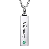 HooAMI Birthstone Cube Pendant Necklace Cremation Urn Jewelry - Personalized & Custom Made (Silver)