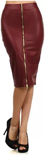 Black Skirt Faux Leather Pencil High Waist Zipper Sexy Size S M L Women (Large, Burgundy)