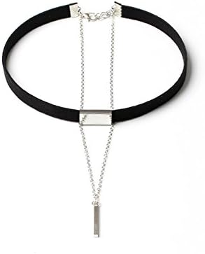 Woman Choker Adjustable Elegant Velvet Ribbon Choker Layered Gothic Leather Chain Collar Necklace with Charm Rectangle Pendant (Black Ribbon White Pendant)