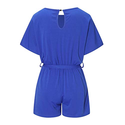 Sunyastor Womens Short Sleeve One Piece Jumpsuit Cocktail Romper Pant Suit Clubwear Straight Leg Jumpsuit with Belt (B Blue, Large)