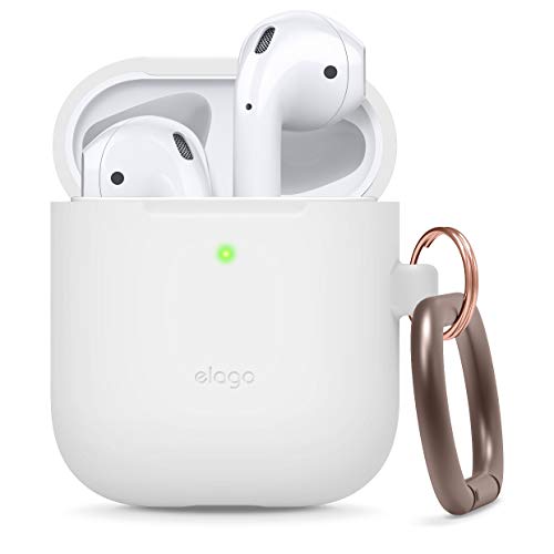 elago Silicone Case with Keychain Designed for Apple AirPods Case, Front LED Visible [ White ]