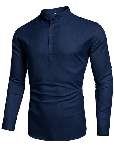 Cegerne Men's Linen Shirt Long Sleeve Shirt Summer Lightweight Breathable Henley Casual for Vacation Beach