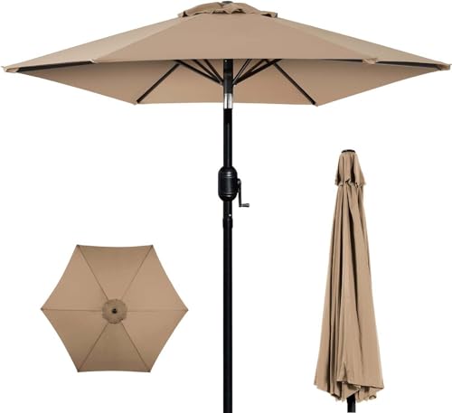 RabbitStorm Paraguas de Mercado de 7,5 Pies, Sombrilla de Mesa para Exteriores con Botón de Inclinación y Manivela para Jardín, Césped, Terraza, Patio Trasero, Piscina, 6 Varillas, Color Caqui