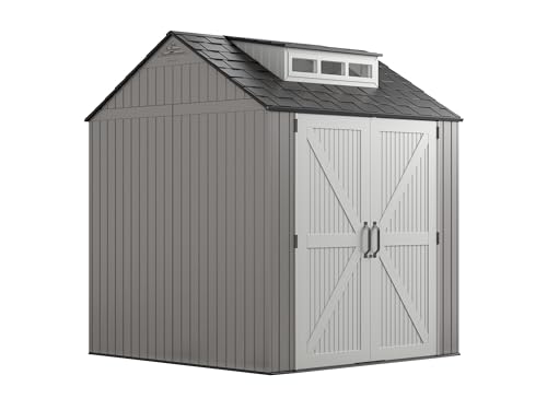 Photo 1 of Rubbermaid Resin Outdoor Storage Shed With Floor (7 x 7 Ft) Weather Resistant Gray Organization for Home/Backyard/Garden Tools/Lawn Mower/Bike Storage/Pool Supplies