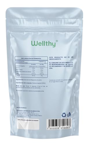 Wellthy Glicinato de Magnesio 220 Cápsulas 432mg. 100% Natural, Alta Absorción, Cápsulas Veganas, Bottle Free.