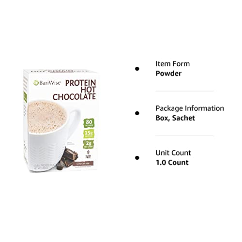 BariWise Protein Hot Cocoa, Chocolate, 80 Calories, 15g Protein, 2g Net Carbs, Gluten Free (7ct