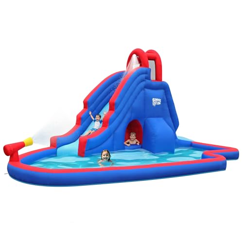 Sunny & Fun Deluxe Inflatable Water Slide Park & Splash Pool with Tunnel - Heavy-Duty for Outdoor Fun - Climbing Wall - Easy to Set Up & Inflate with Included Air Pump & Carrying Case