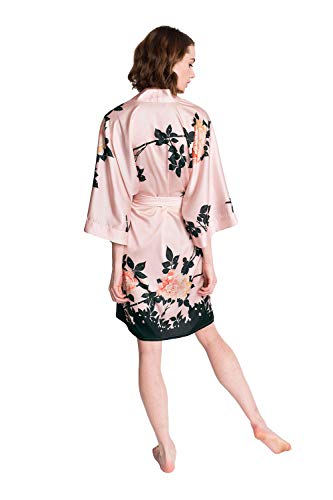 Old Shanghai Women's Kimono Robe Short - Watercolor Floral, Blush Rose- Pink