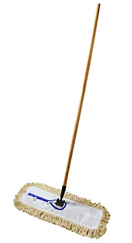 24" Industrial Strength Loop-End Cotton Dust Mop with 56" Long Wood Handle and Metal Frame, Best Value for Wet and Dry Mopping on Hardwood, Laminate, Concrete Floor Thick Tufted Mop Head