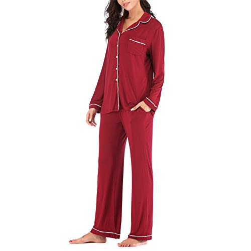 Pajamas Set Long for Women\'s Button Down Sleeve Sleepwear Nightclothes Soft Pj Lounge Sets Red XXL