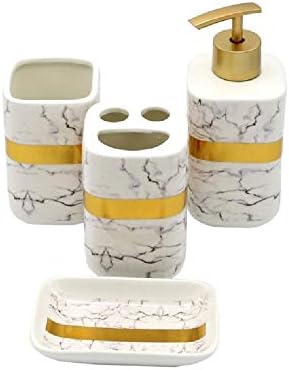 Prestige Housewares 4 Piece Polyresin Bathroom Accessory Set Faux Marble Look with Metallic Accents (Gold)