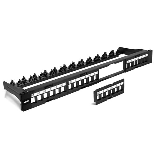 VCE Cat6 Patch Panel 24 Port, 1U Blank Removable Panel with Adjustable Rear Cable Management Bar for RJ45, HDMI, Coax, Speaker Keystones, 19 inch, 1 Pack