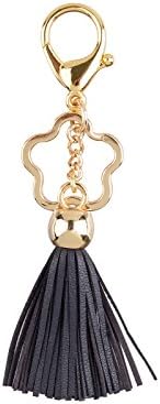 Leather Tassel Keychain Bag Charm Fob With Star Keyring (Navy)