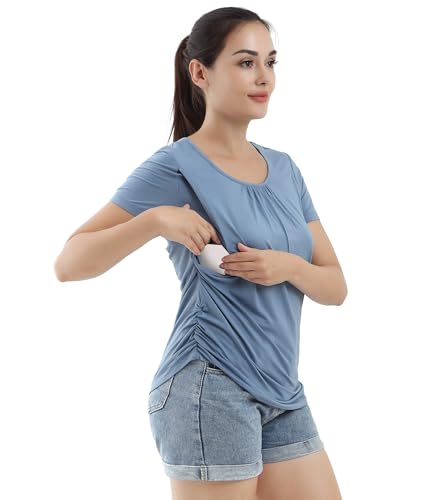 DREAMHALO Women's Nursing Tops for Breastfeeding-Viscose Made from Bamboo, Short Sleeve Maternity Shirts Pregnancy Clothes, Blue Ashes, XX-Large at Amazon