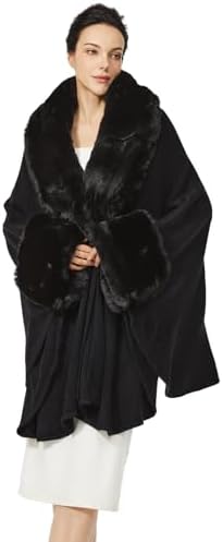 Dahlia Women's Winter Cape Coat, Luxurious Faux Fur Trim, Fleece