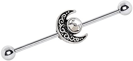 Pierced Owl14GA Tribal Moon and CZ Crystal Sun Industrial Barbell in 316L Stainless Steel