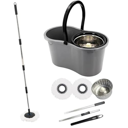Mop com Balde Giratório 9 Litros, Cesto Inox, com Esfregão, Sistema de Limpeza 360°, Lava e Seca, Cabo Extensível, Cesto de Aço Inoxidável, Cinza - premium