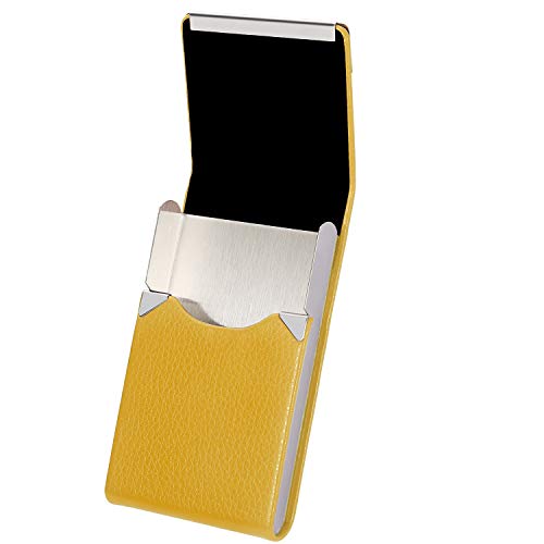 JuneLsy Business Card Holder - Professional PU Leather Business Card Case Metal Name Card Holder Pocket Business Card Carrier for Men & Women with Magnetic Shut (Yellow)