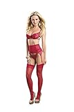 Escante Women's Red Room 4 Piece Bra Set with Adjustable Straps and Underwire Slimming High Waist Garter Belt with Cotton Crotch G-String and Hose, Red, Small