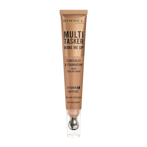 Rimmel Multi-Tasker Wake Me Up Foundation & Concealer 065 Rose Honey, Depuffs & Brightens Dark Circles, Metallic Cooling Applicator, Caffeine & Victamin C, 2% Niacinamide, Vegan, Cruelty free