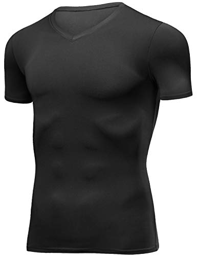 Lavento Men's Compression Shirts Cool Dry Short-Sleeve Workout Undershirts (3 Pack-V Neck Black/Dark Gray/Navy Blue,2X-Large) - Thumbnail 2