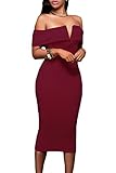 Alvaq Women's Sexy V Neck Off The Shoulder Evening Bodycon Club Midi Dress 2XL