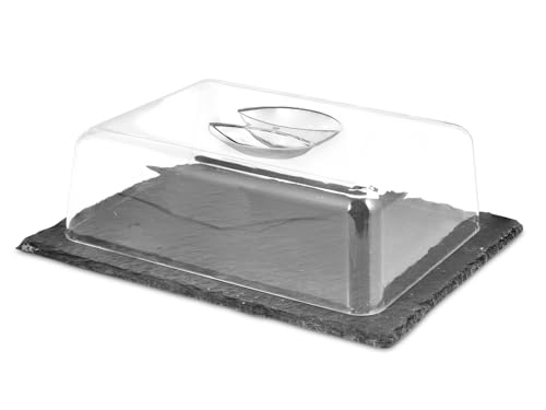 H&H Copriformaggio Rettangolare con Base in Ardesia e Coperchio in Plastica Trasparente - 25x20 cm, 26x20xH9 cm, 0,8 kg - Elegante e Funzionale per Conservare e Servire Il Formaggio
