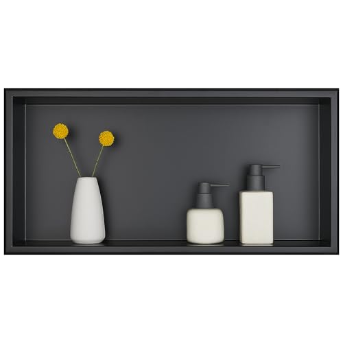 HANFU Built-in Shower Niche, Single Layer Bathroom Niches, 60 x 30 x 10 cm | Frameless Stainless Steel Wall Niche, Niche Shelf Bathroom Shelves for Body Wash Shampoo Toiletries, Black