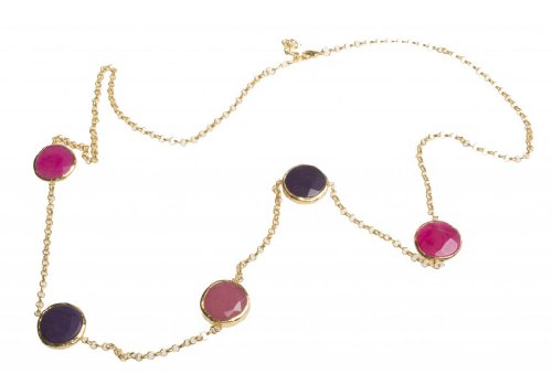 24K Yellow Gold Plated Chain Chalcedony Natural Five Stone Purple Hot Pink Tonal Round Shape Pendant Necklace