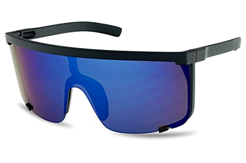 SunglassUP Oversized 150mm Super Shield Mirrored Lens Sunglasses Retro Flat Top Matte Black Frame (Matte Black Frame | Blue) - Thumbnail 3
