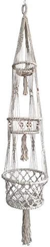 3 Platform of 4 Legs Macrame Plant Hanger & Plant Holder Cotton with Bamboo Ring Inside Natural Beige Color with brown wood bead decoration , 59-inches Length (Without the Pot and Plant)