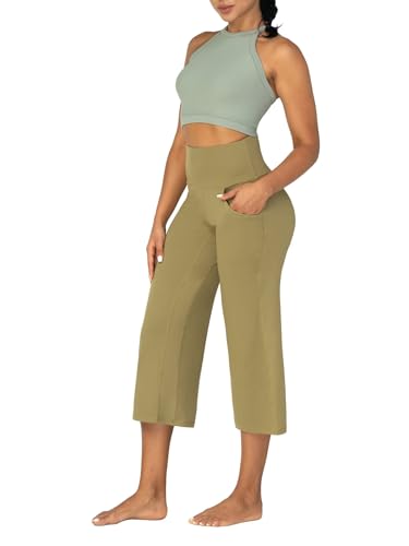SUNZEL WIDE LEG CAPRI PANTS FOR WOMEN, HIGH WAISTED YOGA PANTS WITH POCKETS, TUMMY CONTROL LOOSE CASUAL CROPPED FLARE PANTS 23″ OLIVE GREEN LARGE
