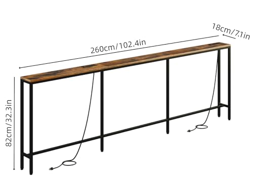 FLORIHOMA 260CM Behind Couch Table with 2 Fast Charging Stations, 18CM Narrow Skinny Sofa Table with 4 Power Outlets, 4 USB-A, 2 USB-C for Console Entryway, Rustic Brown