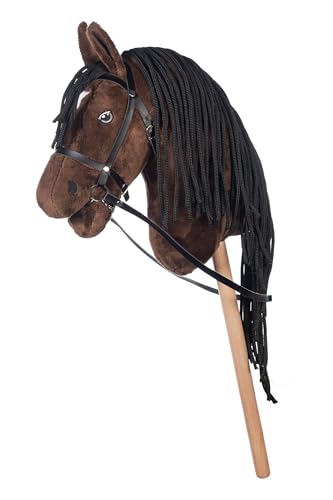 HKM Hobby Horse Stern – Steckenpferd braun/weiß, abnehmbare Trense & Lange Mähne, 40 cm Holzstiel – für Hobby Horsing Dressur & Parcours