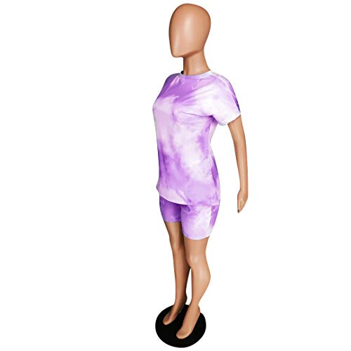 Women 2 Piece Outfits Shorts Set - Casual Tie Dye Pullover Shirts Tops + Biker Short Jumpsuit Sets Light Purple L