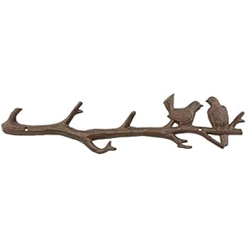 Cast Iron Birds On Branch Hanger with 6 Hooks | Decorative Cast Iron Wall Hook Rack | for Coats, Hats, Keys, Towels, Clothes | 18.5x2x4.5