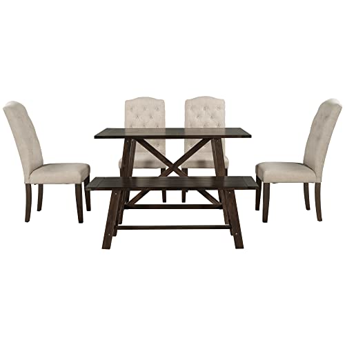 6Piece Dining Table Set with 4 Fabric Upholstered Dining Chairs and