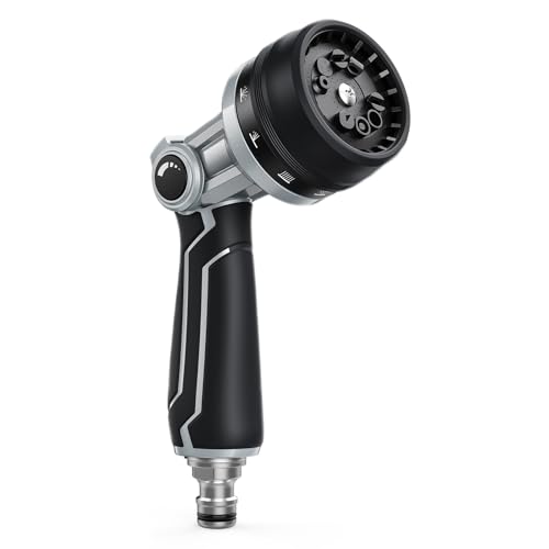 RAINPOINT Hose Pipe Spray Gun, Heavy Duty Metal Garden Hose Spray Gun with 10 Patterns, High Pressure Hose Nozzle with Thumb Flow Control for Watering Plants, Lawns, Cars and Pets Washing, Black