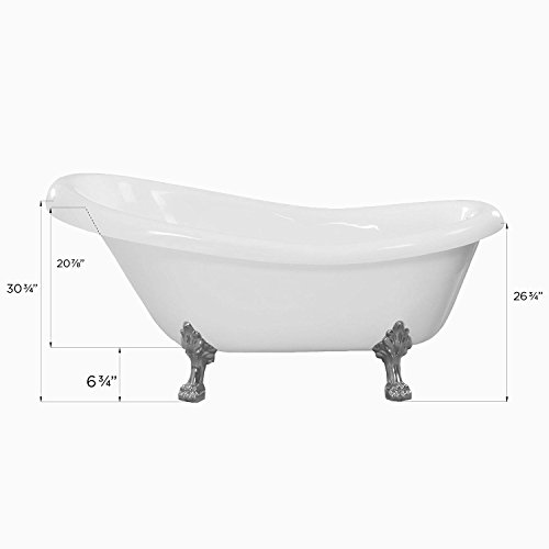 MAYKKE Gibson 67" Traditional Oval Acrylic Clawfoot Bathtub Elegant, White Slipper Tub with Chrome Finish Feet for Bathroom, Shower cUPC Certified, Drain & Overflow Assembly Included - Thumbnail 6