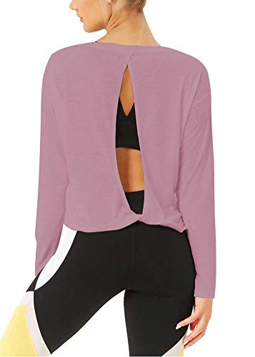 Bestisun Cute Boat Neck Long Sleeve Shirts for Women- Exercise Fitness Sports Gym Tie Back Top Blouses Pink S