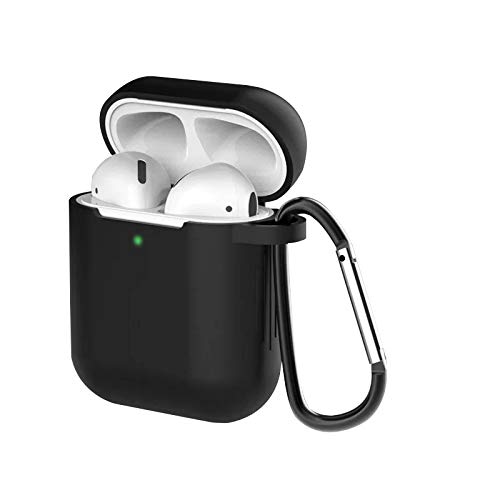 AirPods ケース AirPods第2世代と第1世代に適用（前のLEDライトが見える） シリコンカバー 全面保護ケース Apple エアーポッズ カバー 軽量 小型 かわいい TPUケース 耐衝撃 防塵 カラビナ付き 紛失防止 SERFER (ブラック) の商品画像
