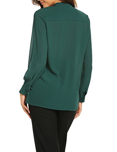 ACEVOG Womens Cuffed Sleeve Chiffon Printed V Neck Casual Blouse Shirt Tops,Dark Green,M - Thumbnail 6