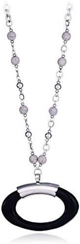 MIVIVEE Black Resin Oval Pendant with Gray Beads Chain Necklace