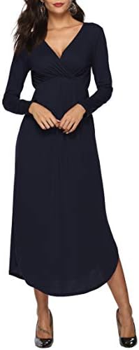 Sarin Mathews Womens Dresses V Neck Long Sleeve Side Slit Swing Loose Casual Party Long Maxi Dress with Pockets