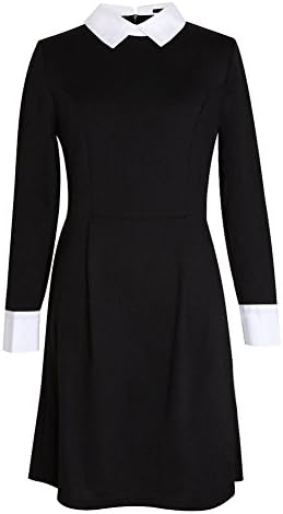 AmyTom Womens Casual Long Sleeve Black Stretch Peter Pan Collar Lapel Dress Asian M(US 4)