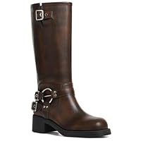 AMINUGAL Knee High Boots Women Square Toe Pull On Wide Calf Riding Fashion Buckles Chunky Metallic Casual Vintage Buckle Rivet