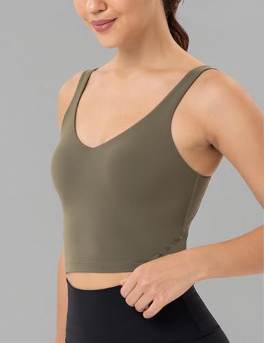 YUNOGA LONGLINE SPORTS BRAS FOR WOMEN CROPPED TANK TOP WITH BUILT-IN BRA ATHLETIC WORKOUT YOGA BRA TOPS (S, OLIVE GREEN)