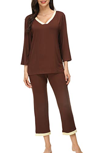 Invug Women 3/4 Long Sleeve Shirt Pants Set Sleepwear V Neck Long Pajamas Loungewear Coffee S