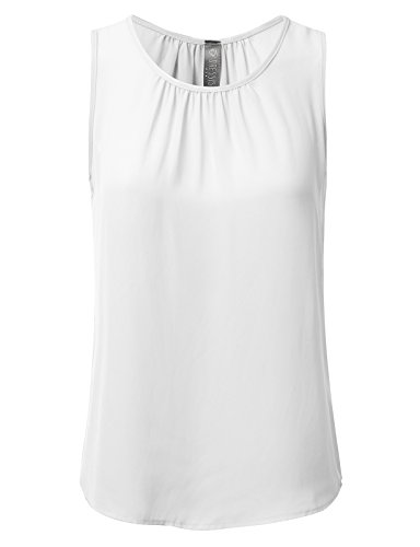 DRESSIS Womens Round Neck Sleeveless Chiffon Pleated Blouse Tank Top IVORY XL